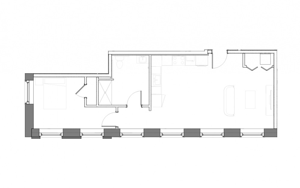 Floor Plan E (HC) - 1 bedroom floorplan layout with 1 bath and 635 square feet.