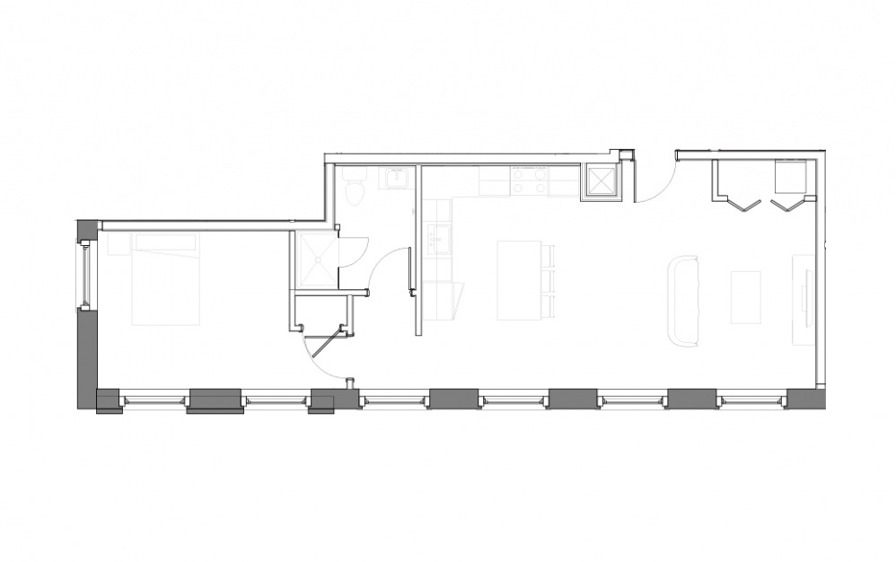 Floor Plan E - 1 bedroom floorplan layout with 1 bath and 658 square feet.