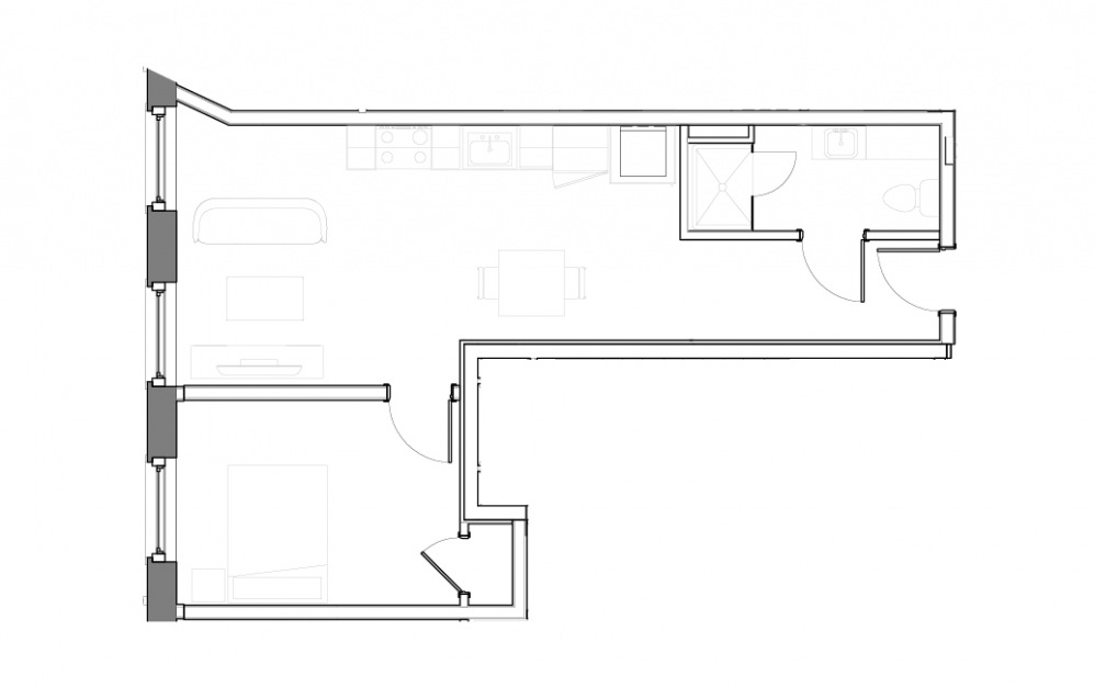 Floor Plan F - 1 bedroom floorplan layout with 1 bath and 503 square feet.